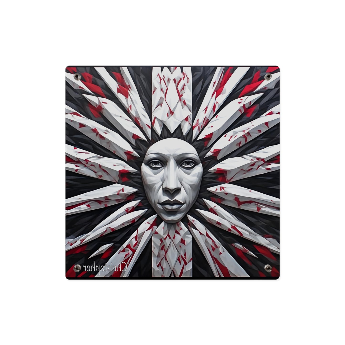 Acrylic Wall Art Panel — Surreal Sunburst Face with Red & Black Feather Design