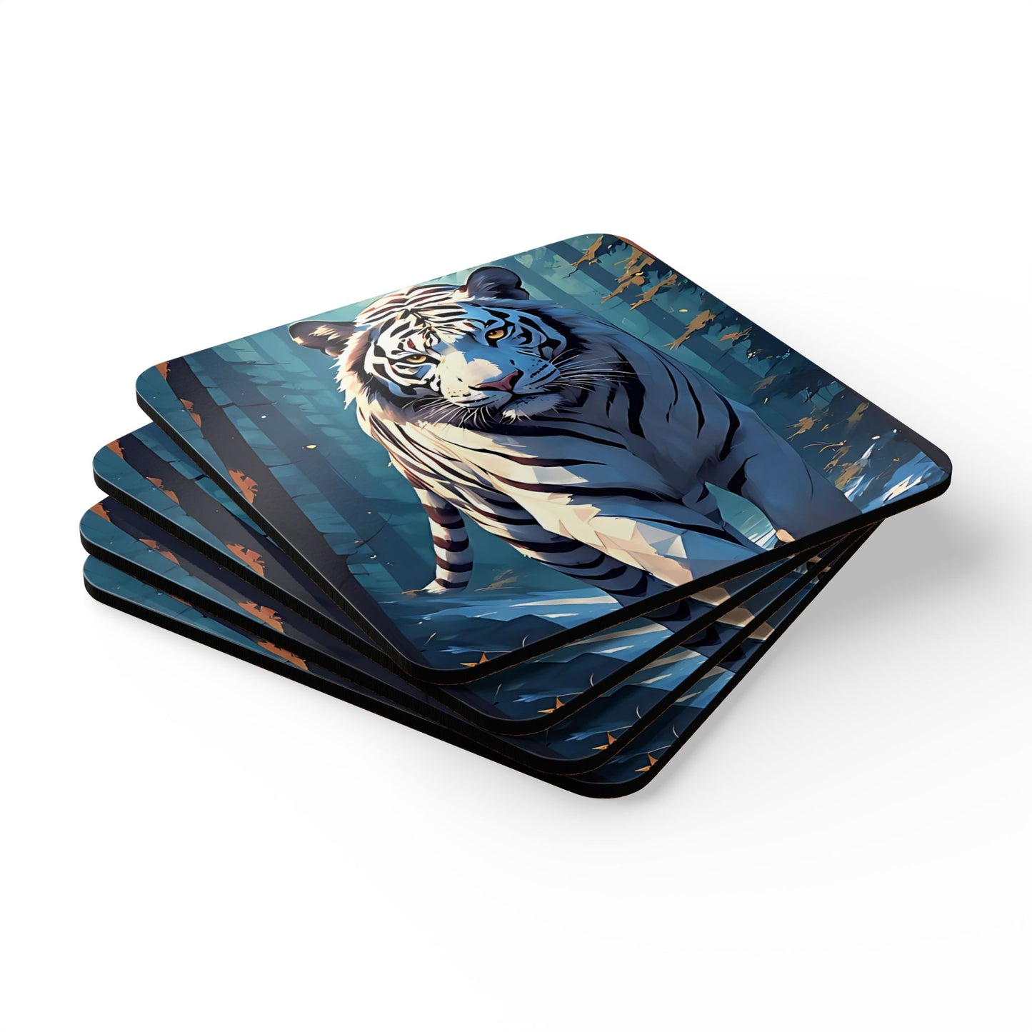 White Tiger Cork Coaster Set — Forest Wildlife Drink Coasters (4-Pack)