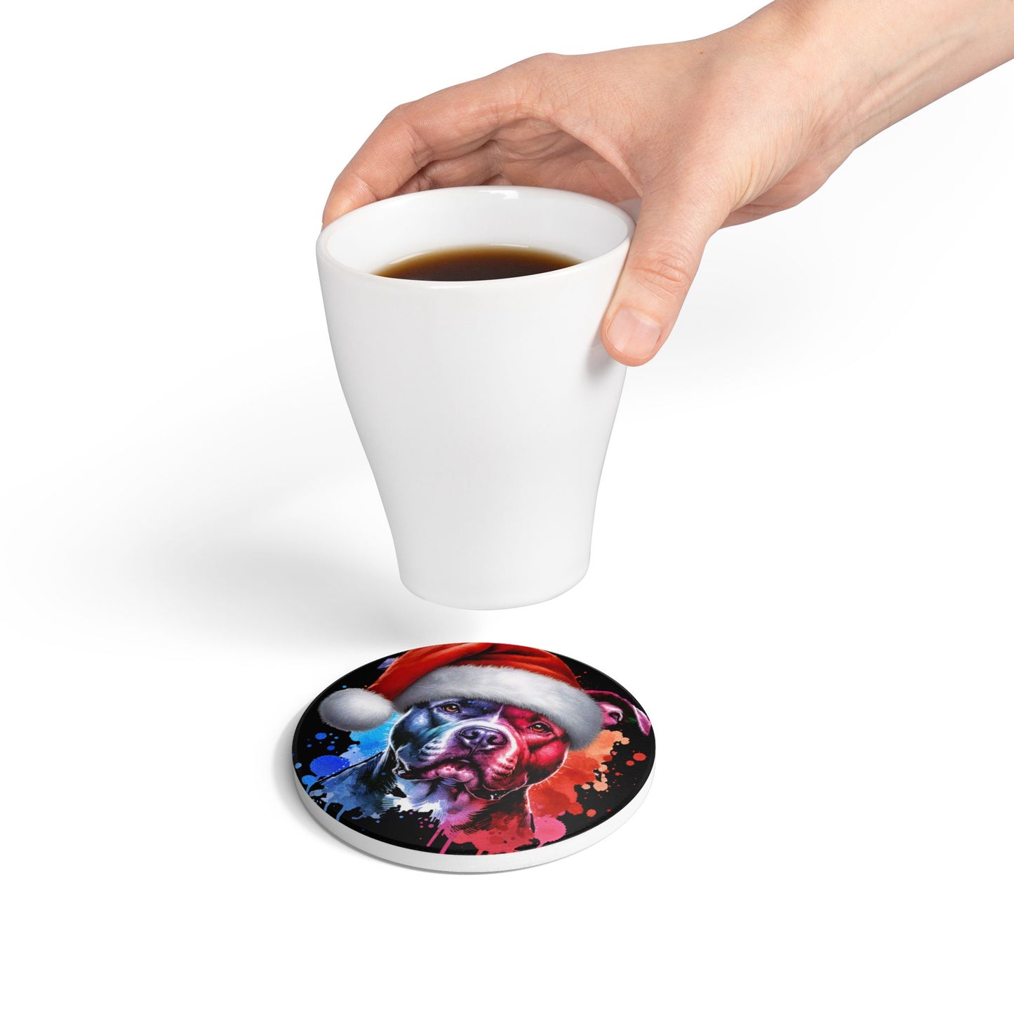 Holiday Pit Bull Ceramic Coaster — Colorful Santa Dog Drink Mat