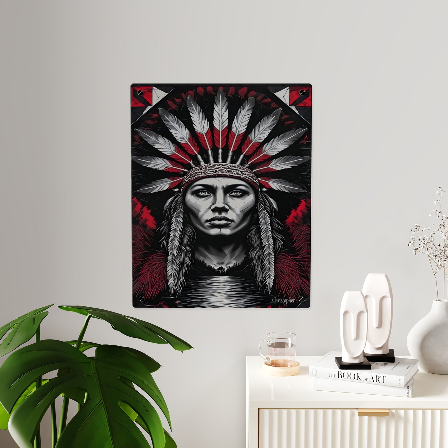 Acrylic Wall Art Panel — Bold Native Chief Portrait in Red & Black