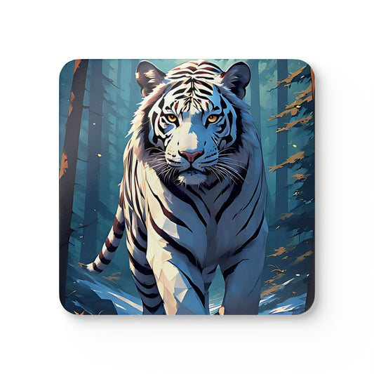 White Tiger Cork Coaster Set — Forest Wildlife Drink Coasters (4-Pack)