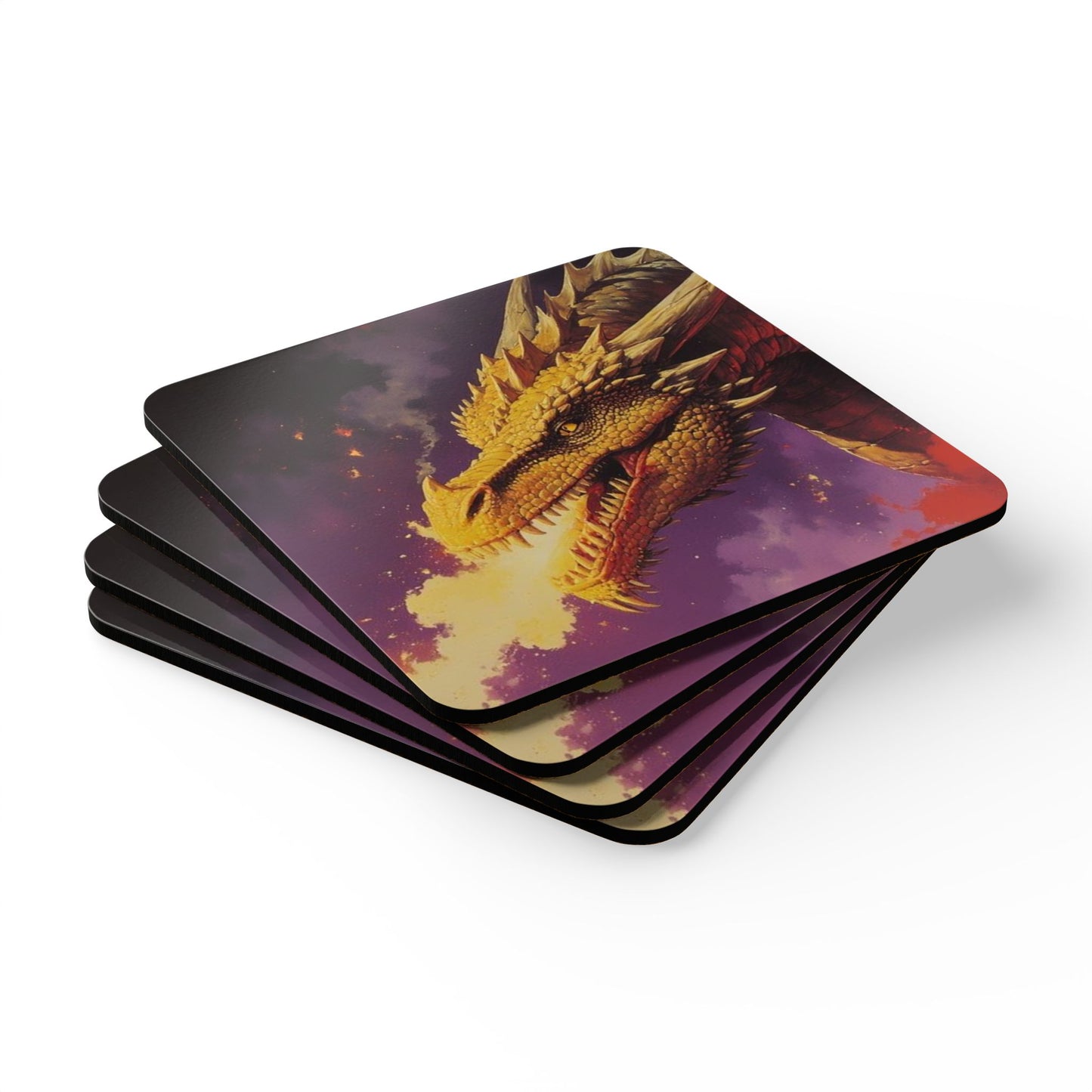 Dragon Fire Cork Coaster Set — Fantasy Dragon Head Drink Coasters (Set of 4)