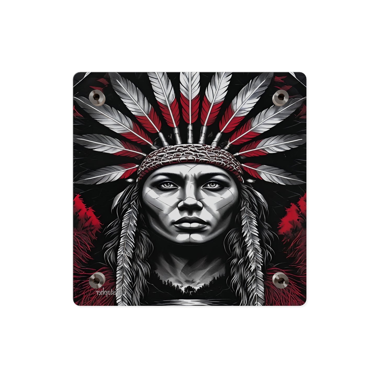 Acrylic Wall Art Panel — Bold Native Chief Portrait in Red & Black