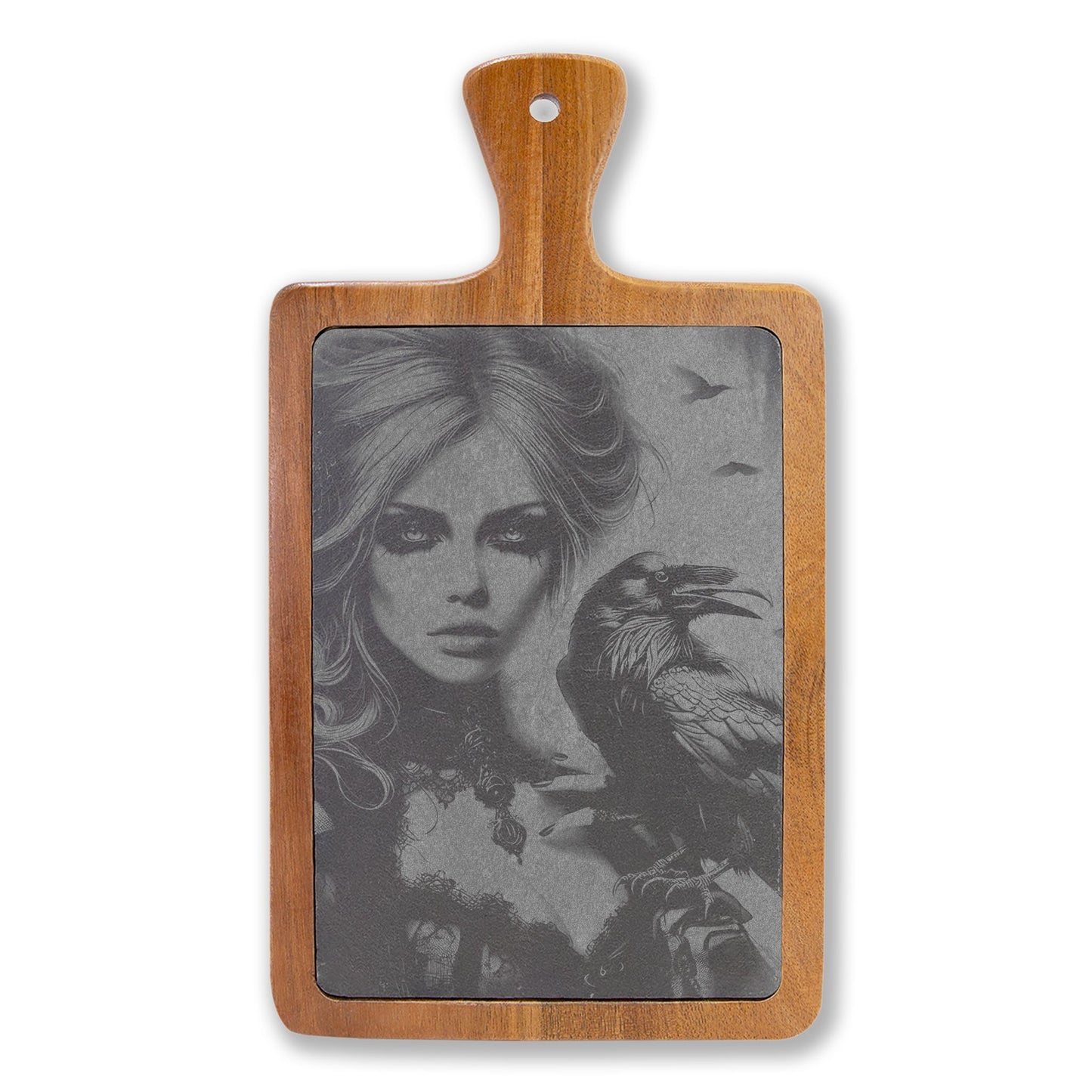 Engraved Acacia Charcuterie Board with Cheese Knives — Gothic Portrait Design