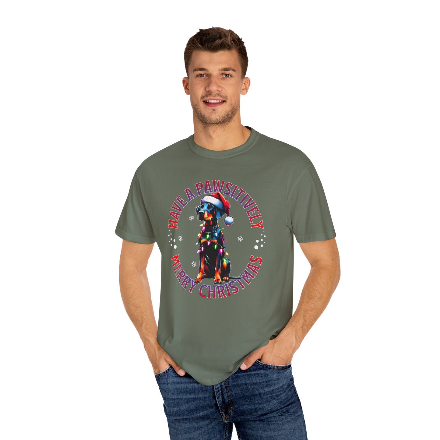 Christmas Dog T-Shirt  Doberman— "Have a Pawsitively Merry Christmas" Holiday Tee