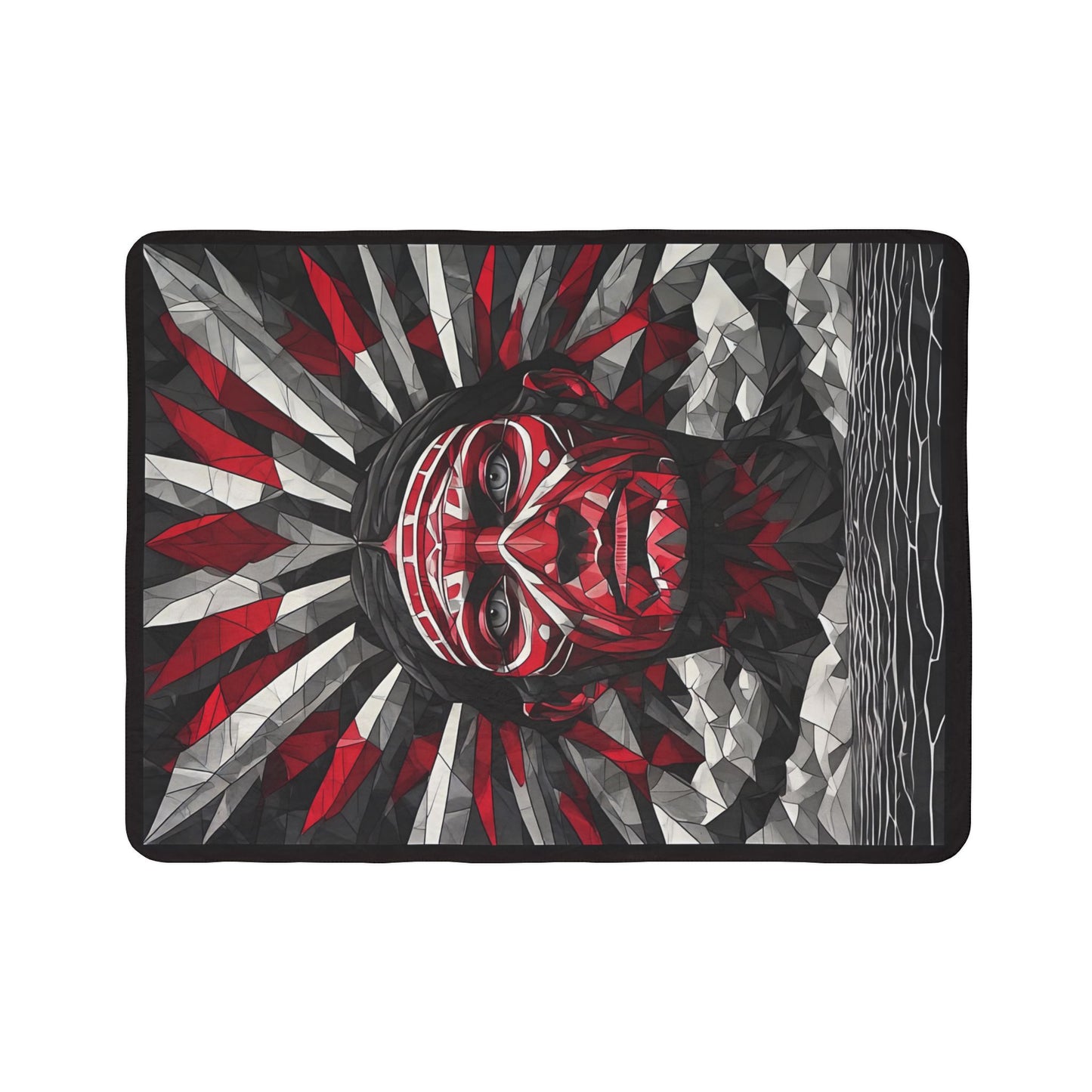 Tribal Headdress Fleece Sherpa Blanket — Bold Red & Gray Geometric Native-Inspired Design