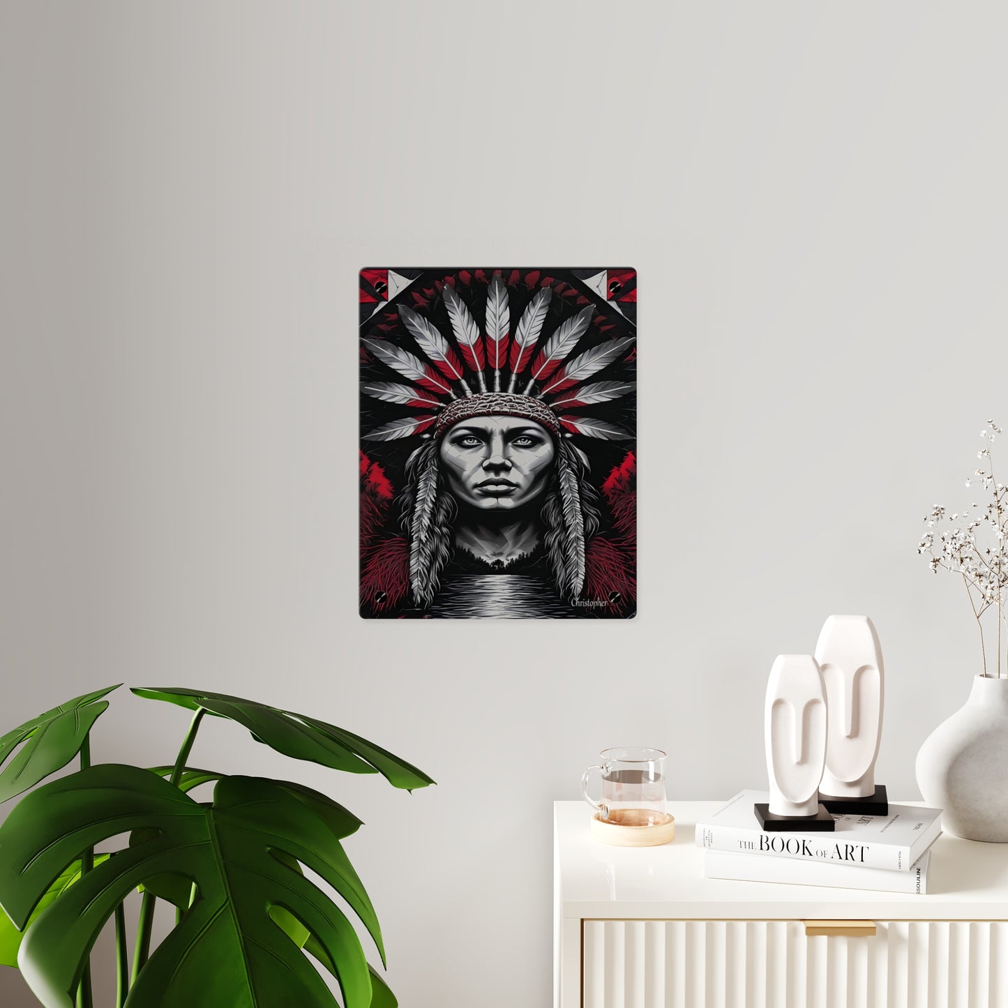 Acrylic Wall Art Panel — Bold Native Chief Portrait in Red & Black