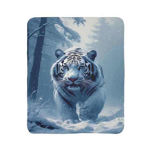 White Tiger Winter Fleece Sherpa Blanket — Cozy Snow Forest Throw