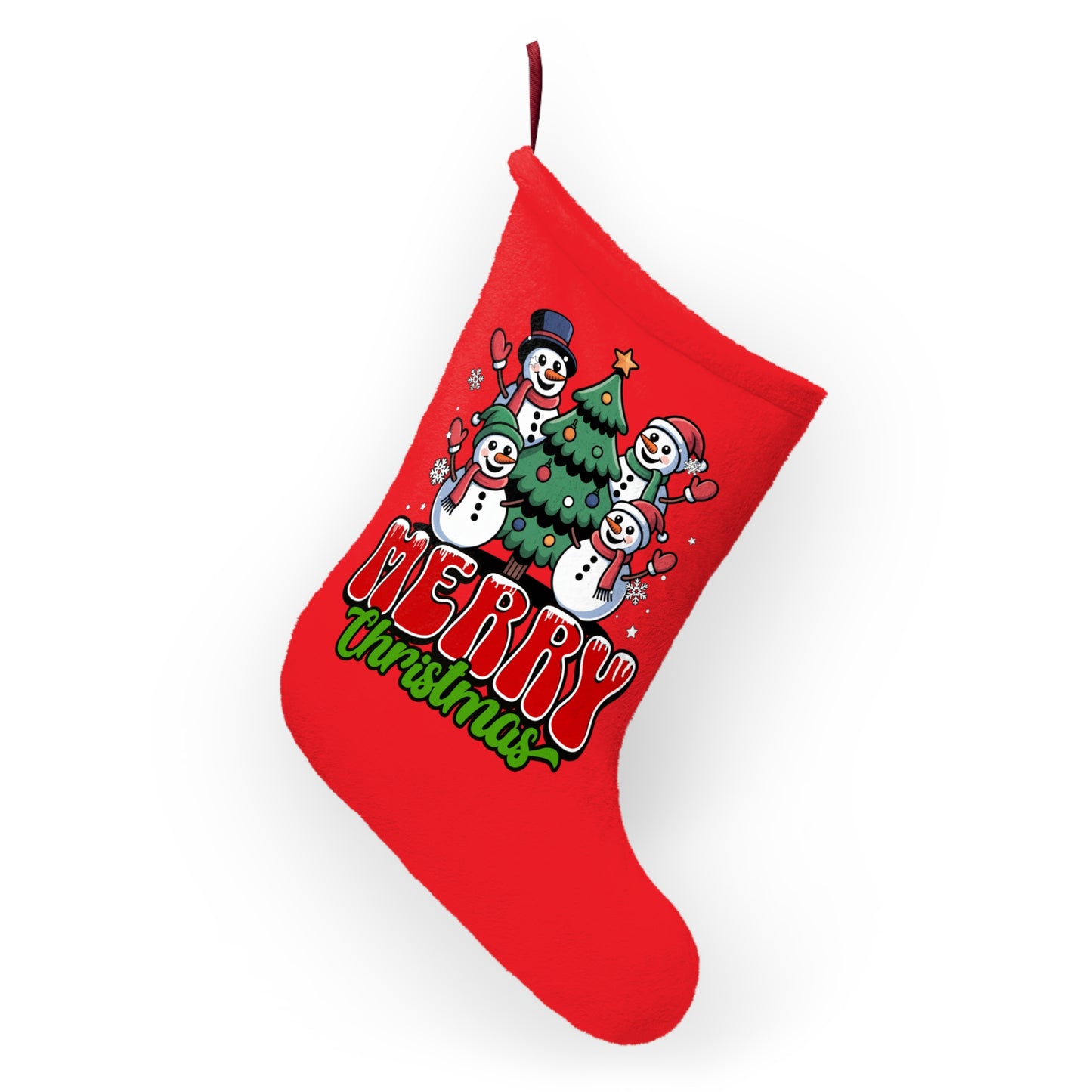 Merry Christmas Stocking – Red Holiday Stocking with Snowman Tree Design