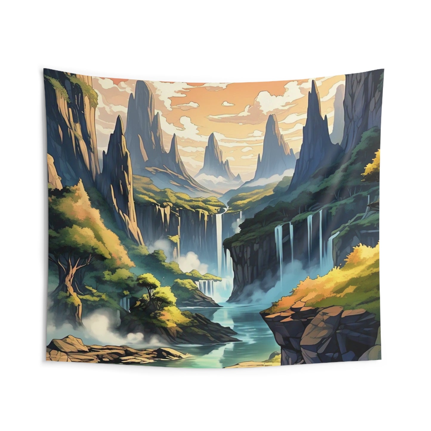 Scenic Fantasy Landscape Tapestry — Waterfall Valley Wall Hanging