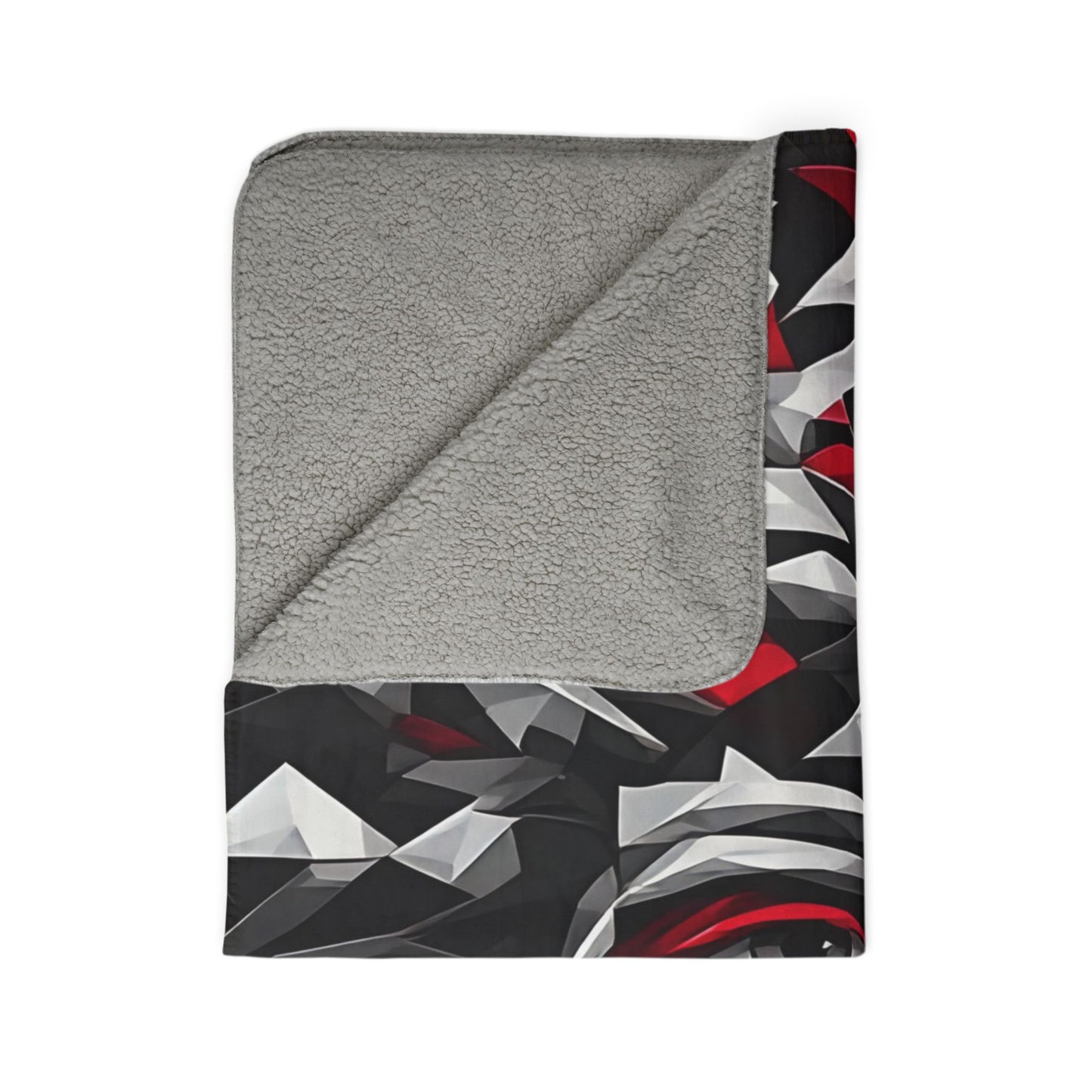 Geometric Tribal Mask Sherpa Blanket — Bold Red & Gray Abstract Face Throw