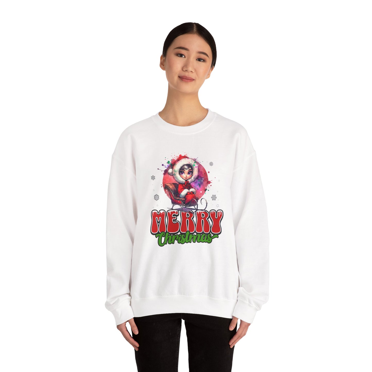 Christmas Crewneck Sweatshirt — Cute Santa Girl 'Merry Christmas' Holiday Pullover