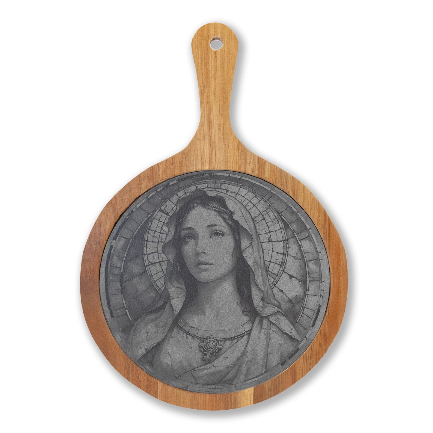 Engraved Bamboo Charcuterie Board Mary with Slate Round & Cheese Tools