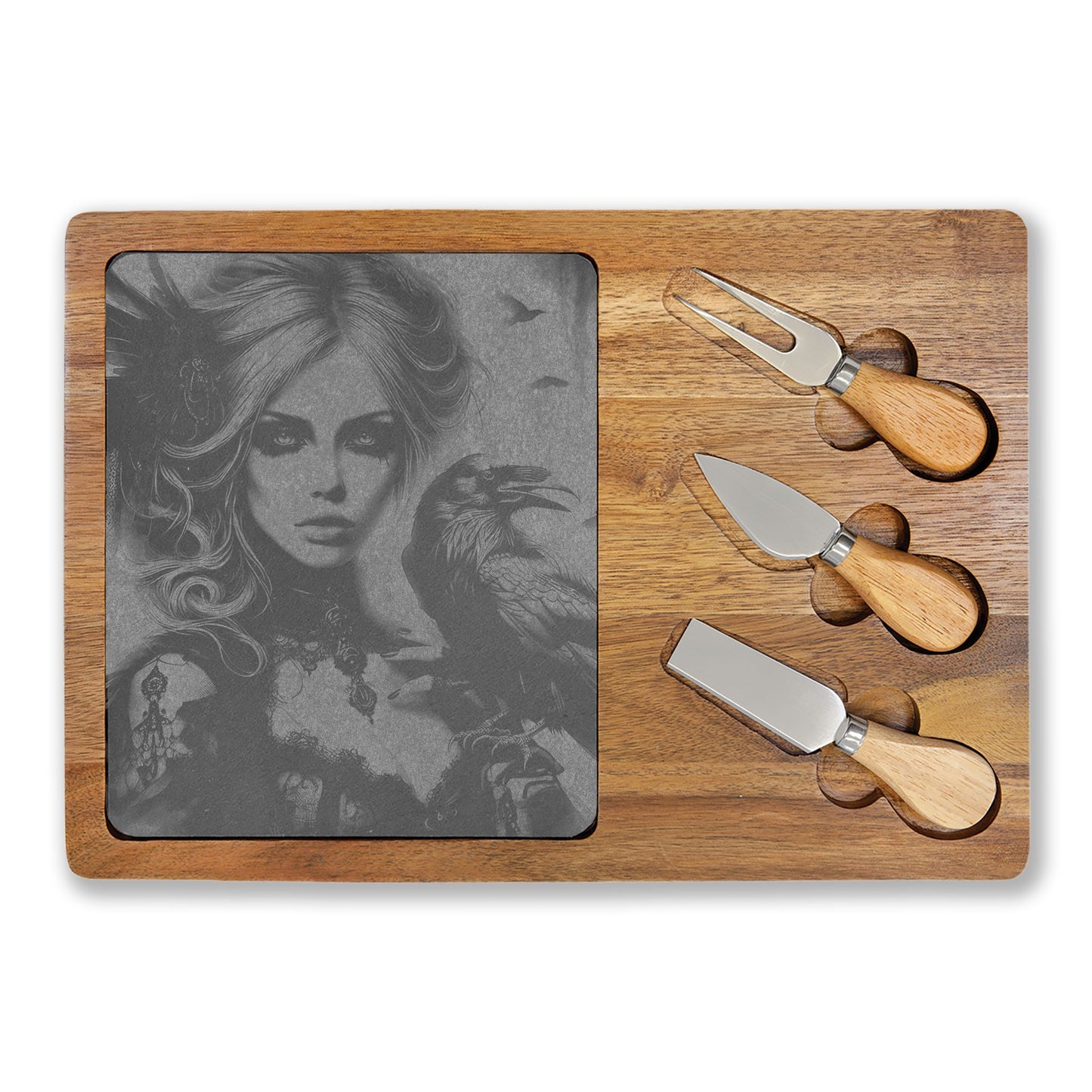 Engraved Acacia Charcuterie Board with Cheese Knives — Gothic Portrait Design