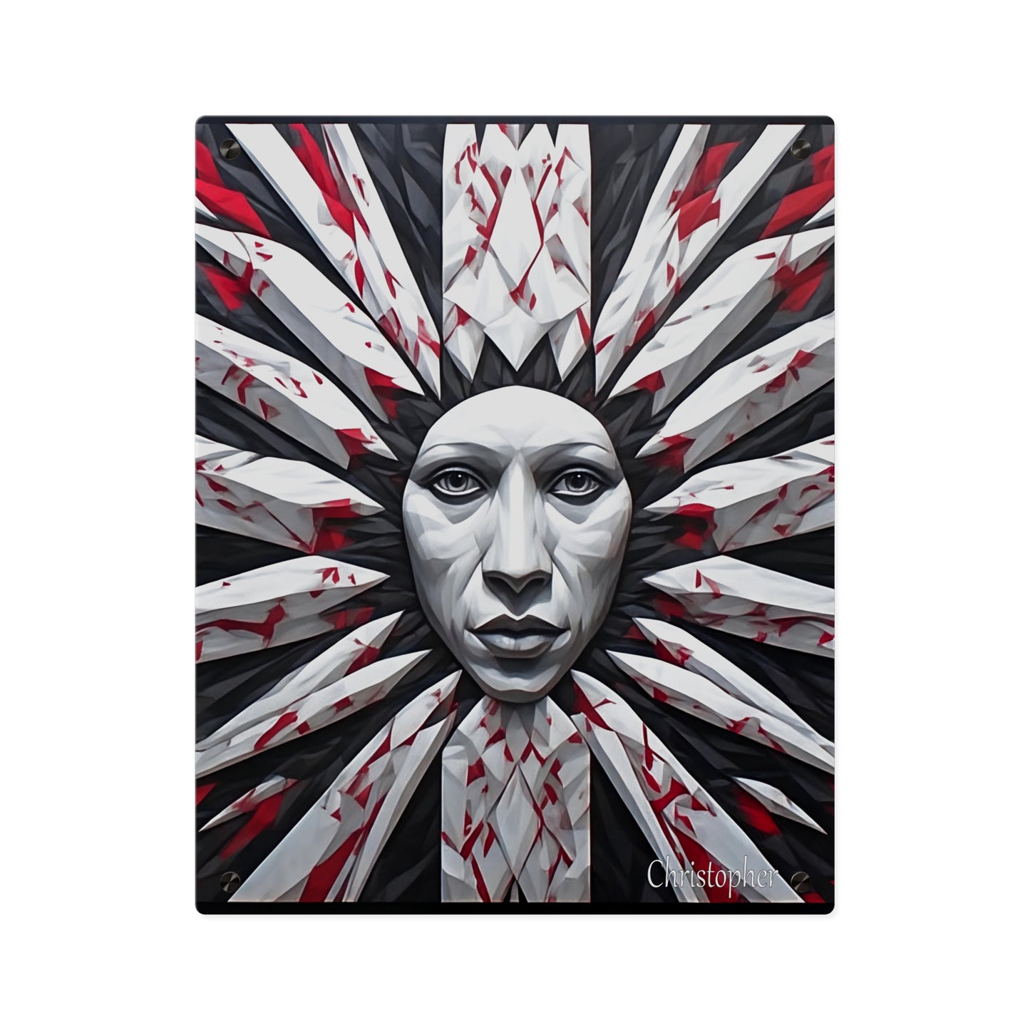 Acrylic Wall Art Panel — Surreal Sunburst Face with Red & Black Feather Design