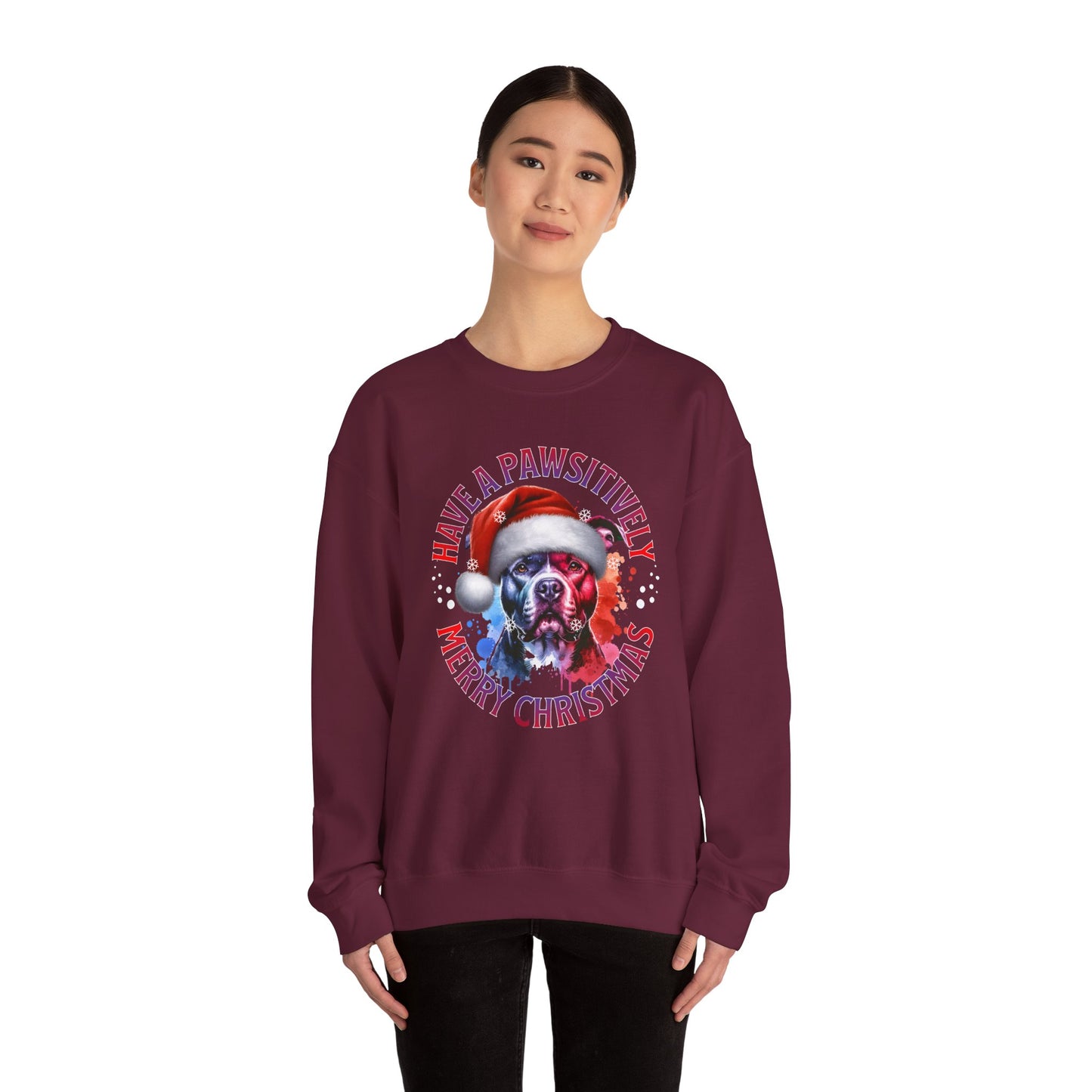 Crewneck Pit Bull Sweatshirt - "Have a Pawsitively Merry Christmas" Dog Santa Holiday Sweatshirt