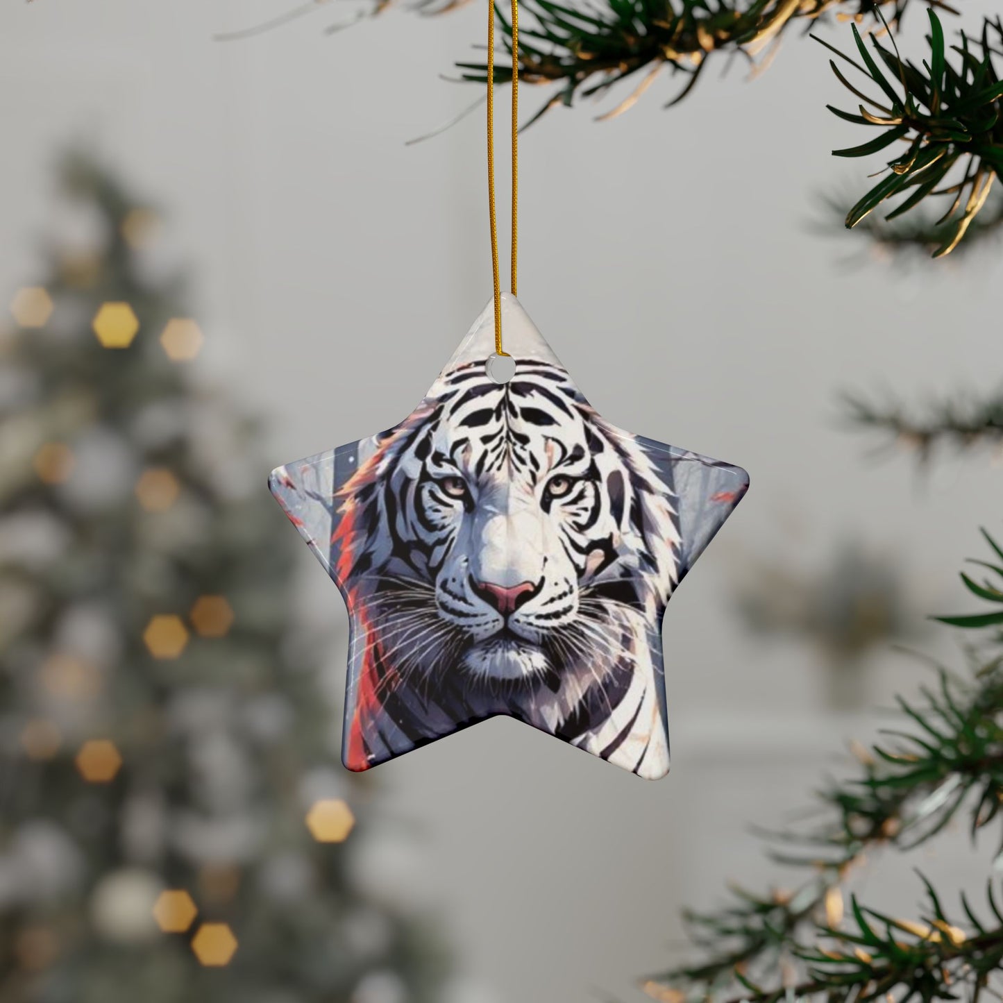White Tiger Ceramic Ornament — Double-Sided Holiday Decoration