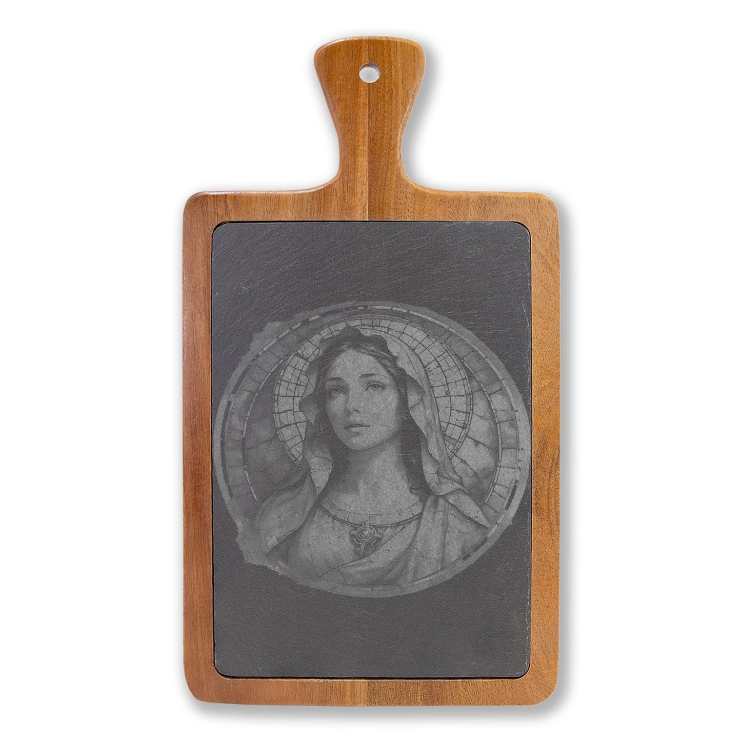 Engraved Bamboo Charcuterie Board Mary with Slate Round & Cheese Tools
