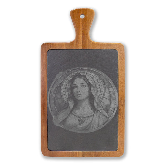 Engraved Bamboo Charcuterie Board Mary with Slate Round & Cheese Tools