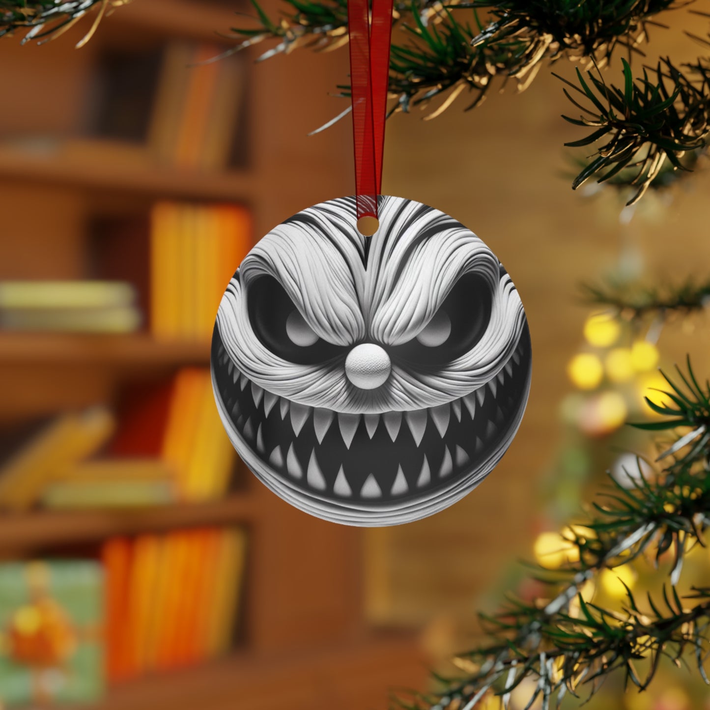Scary Monster Bell Metal Ornament — Creepy Black & White Holiday Decor