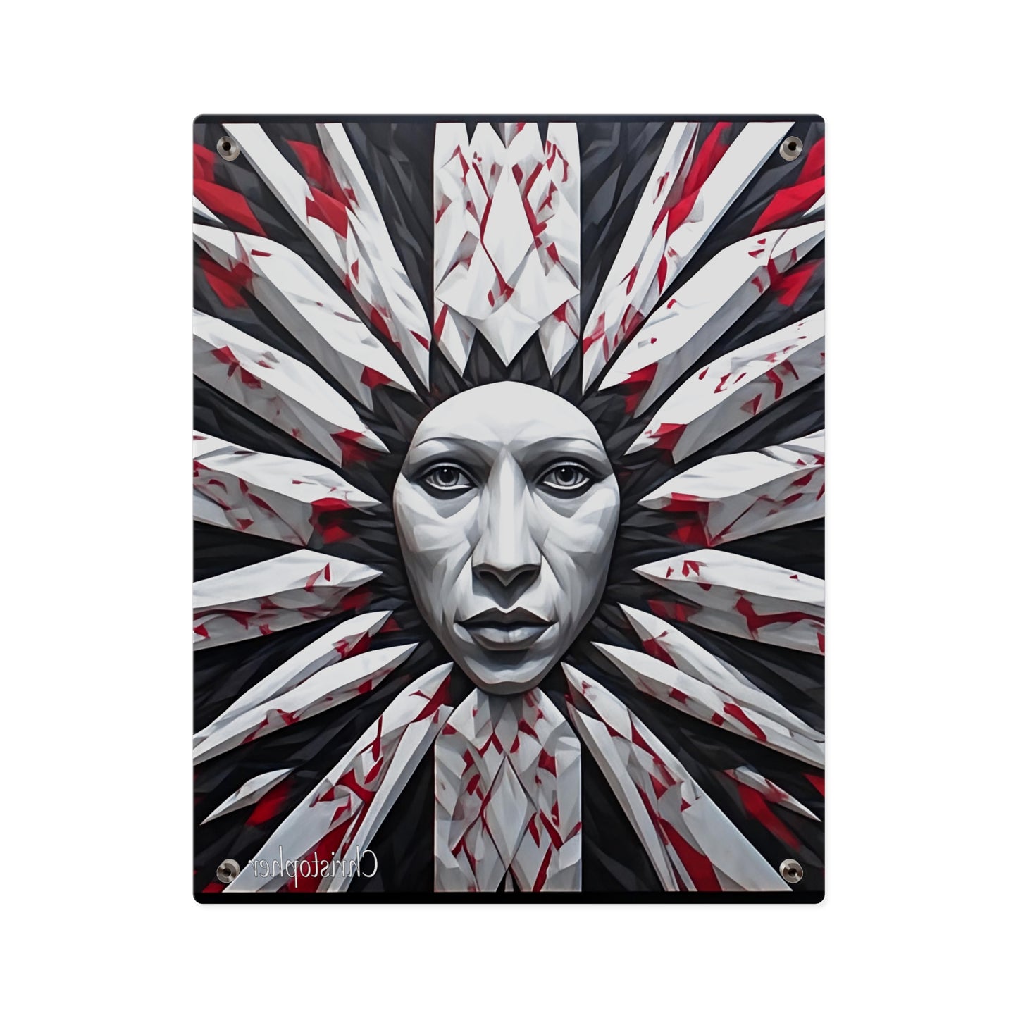 Acrylic Wall Art Panel — Surreal Sunburst Face with Red & Black Feather Design