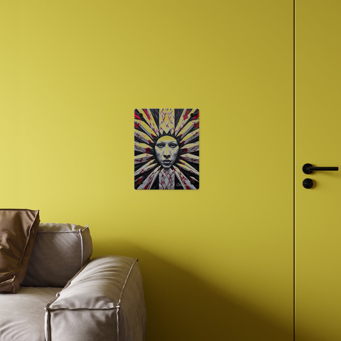 Acrylic Wall Art Panel — Surreal Sunburst Face with Red & Black Feather Design