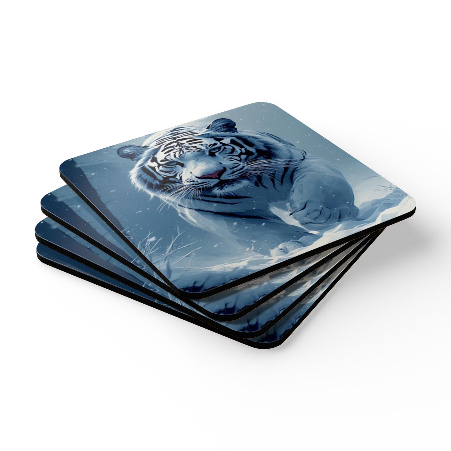 White Tiger Cork Coaster Set — Snowy Wildlife Drink Coasters (4-Pack)