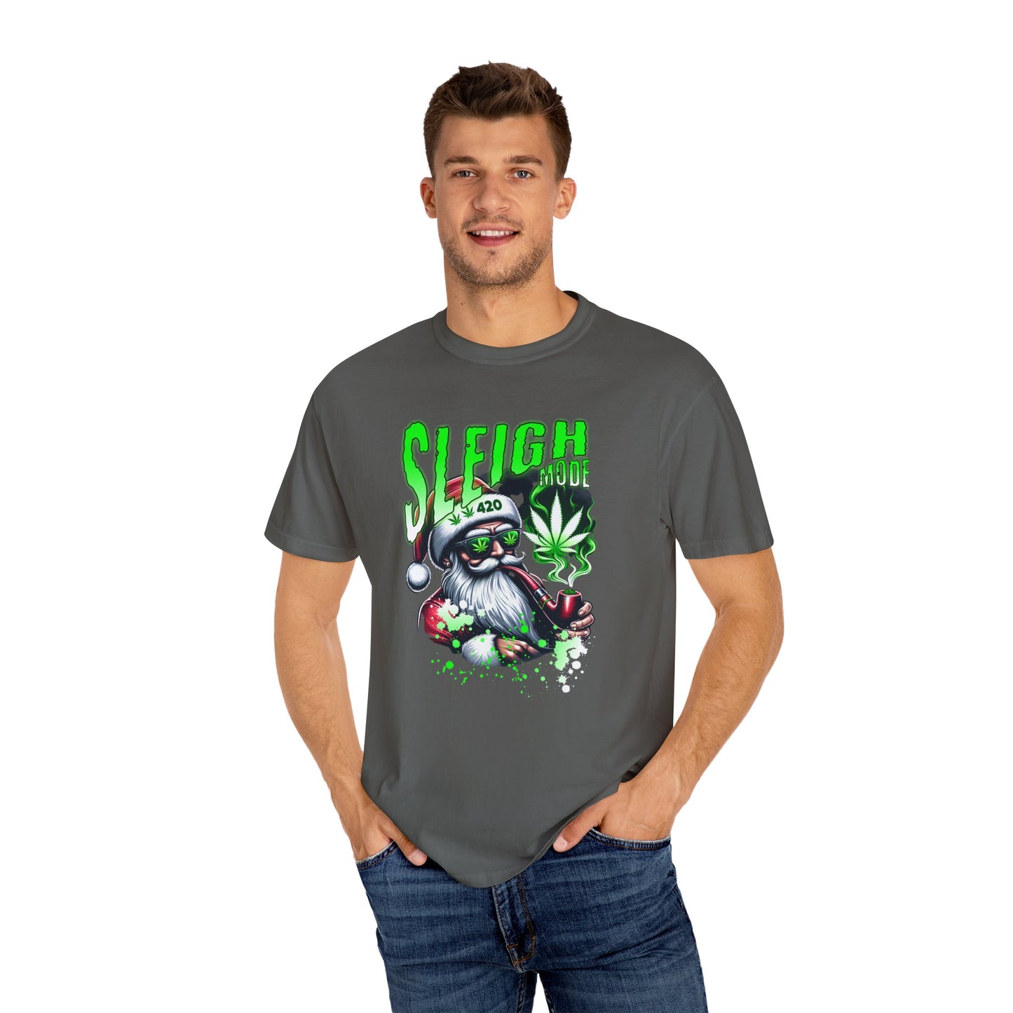 Sleigh Joe Graphic Tee, Unisex Holiday T-Shirt, Funny Christmas Shirt, Cannabis Santa Gift, Unique Tee for Parties