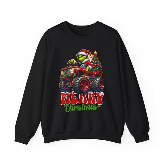 Christmas Monster Truck Sweatshirt — 'Merry Christmas' Grinch Driver Design