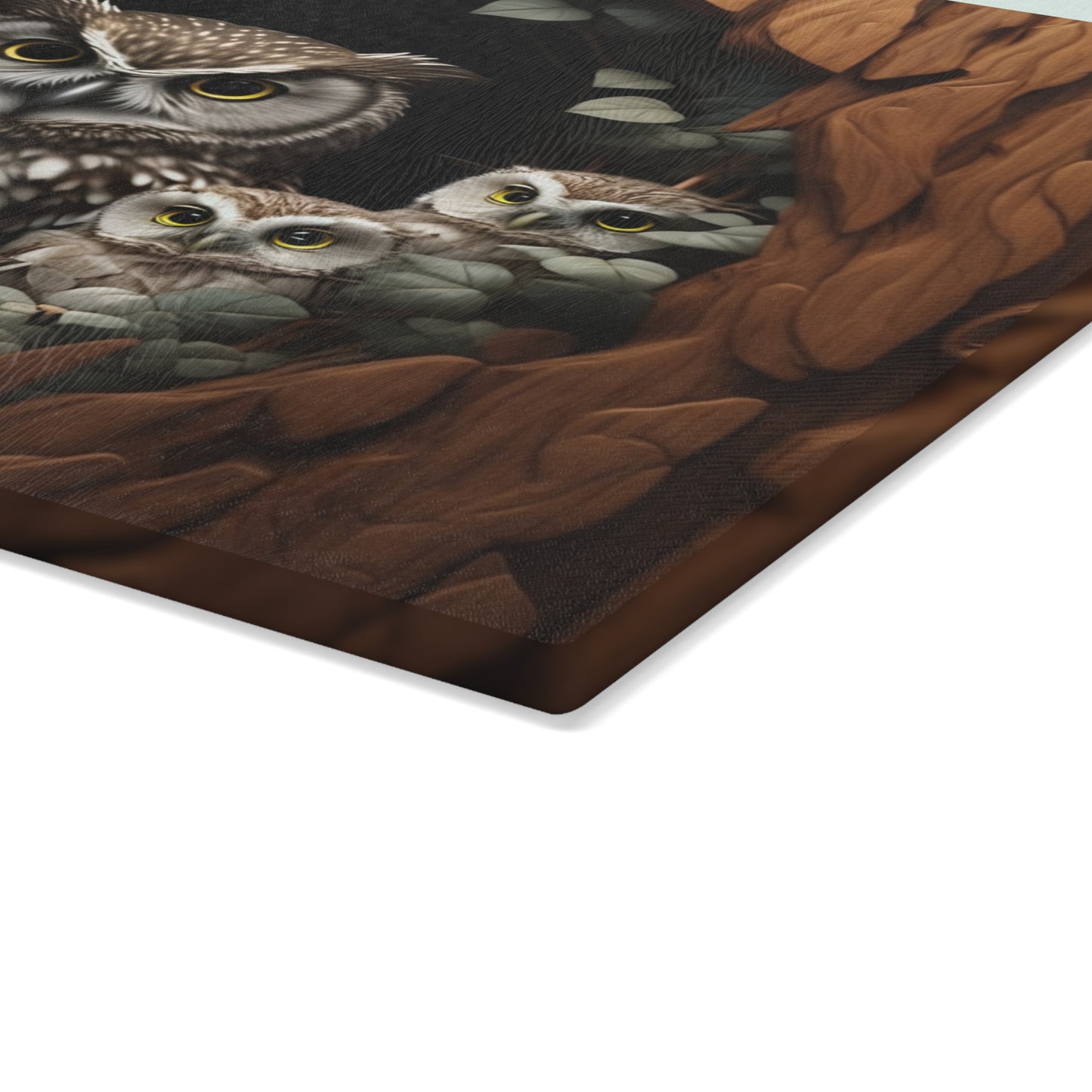 Owl Family Glass Cutting Board, Artistic Kitchen Decor, Gift for Animal Lovers, Nature-Inspired Home Accent, Unique Culinary Gift