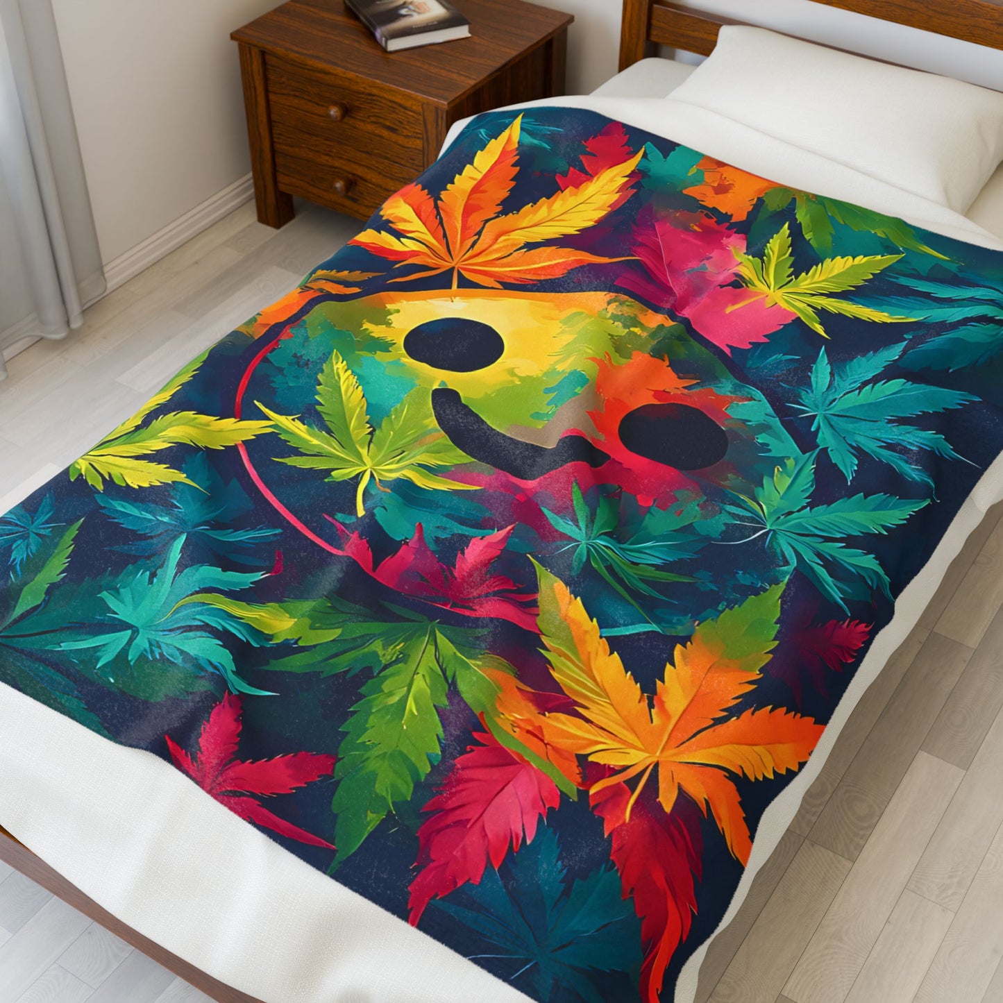 Velveteen Plush Blanket — Tie-Dye Smiley Face with Colorful Cannabis Leaves