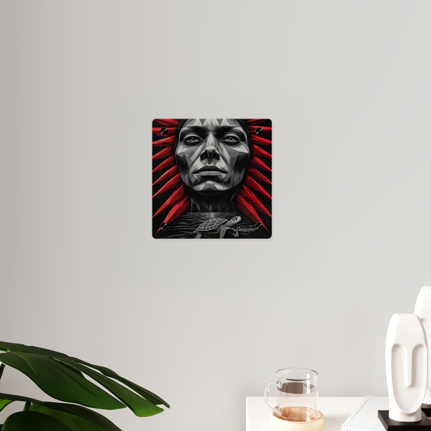 Acrylic Wall Art Panel — Geometric Tribal Face with Red Feather Headdress