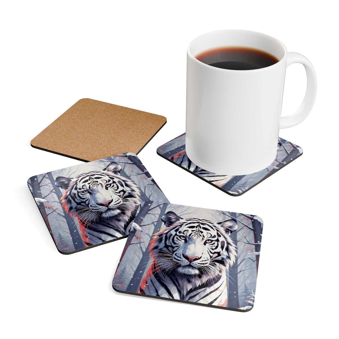 White Tiger Cork Coaster Set — Winter Forest Wildlife Drink Coasters (4-Pack)