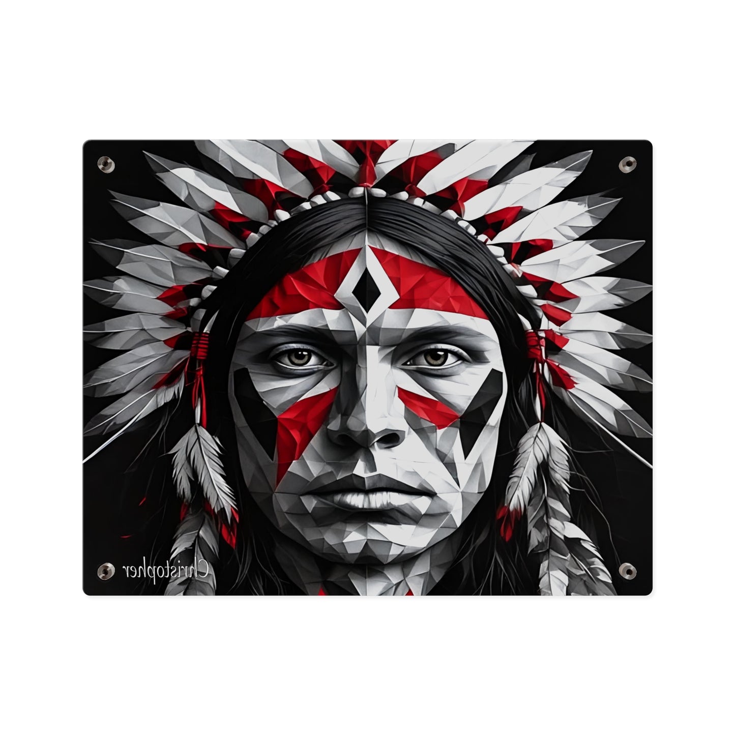 Acrylic Wall Art Panel — Geometric Indigenous Warrior Portrait (Red & Black)