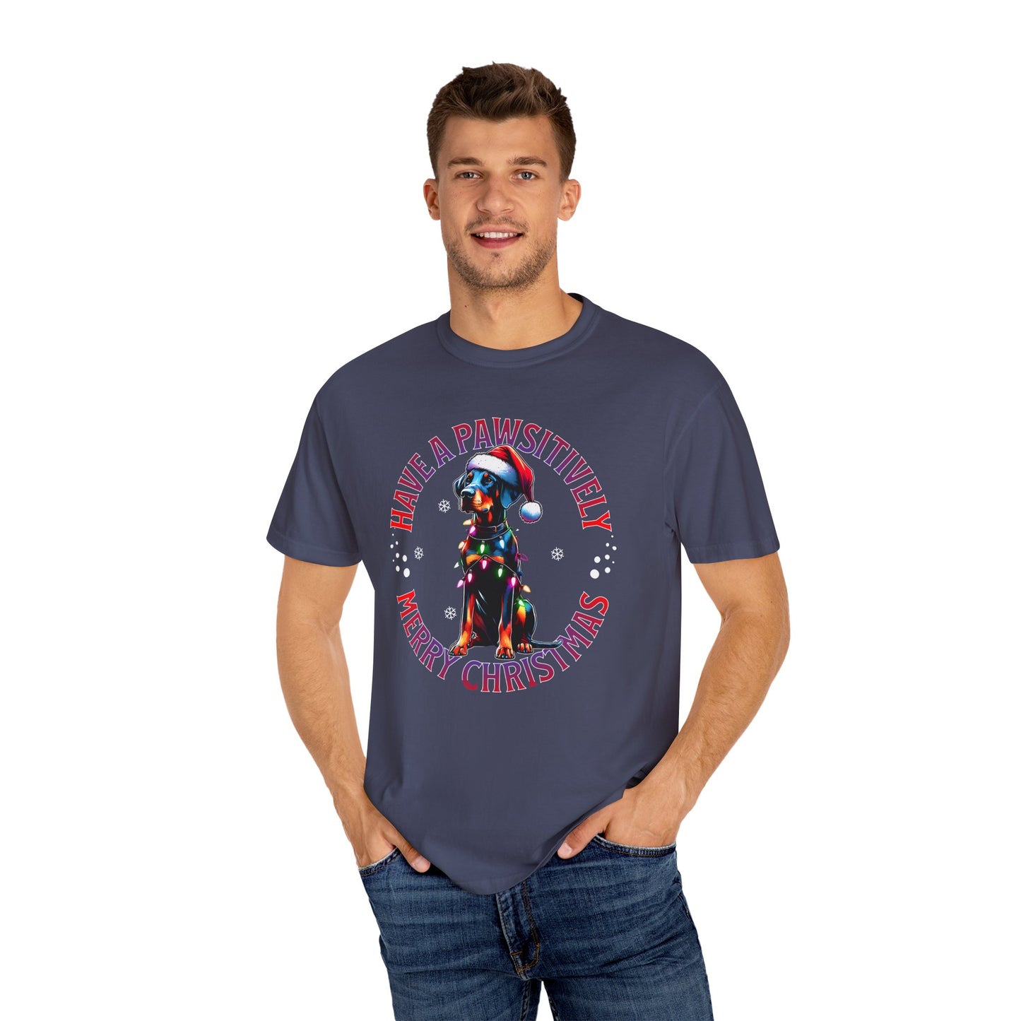 Christmas Dog T-Shirt  Doberman— "Have a Pawsitively Merry Christmas" Holiday Tee