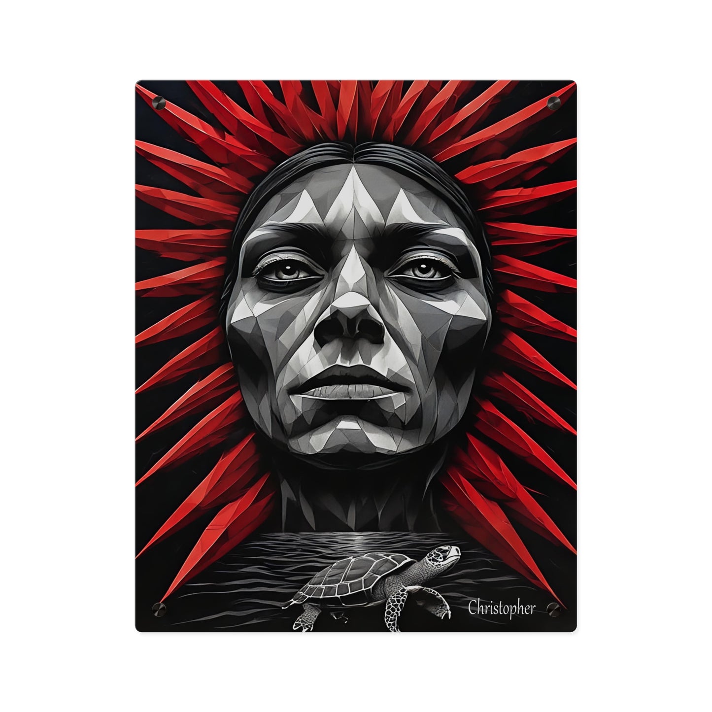 Acrylic Wall Art Panel — Geometric Tribal Face with Red Feather Headdress