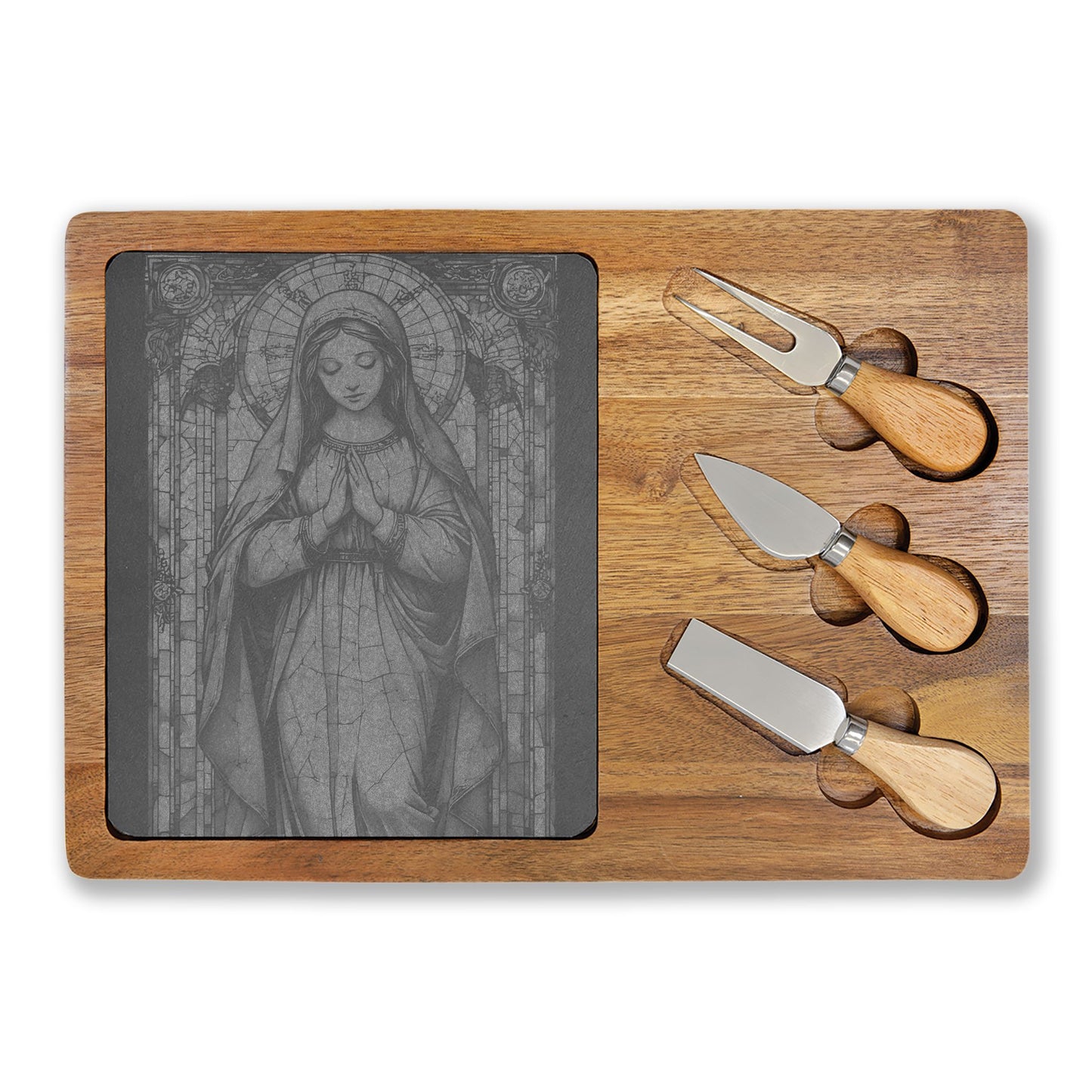 Engraved Virgin Mary Charcuterie Board with Marble Inlay — Religious Cheese Serving Set
