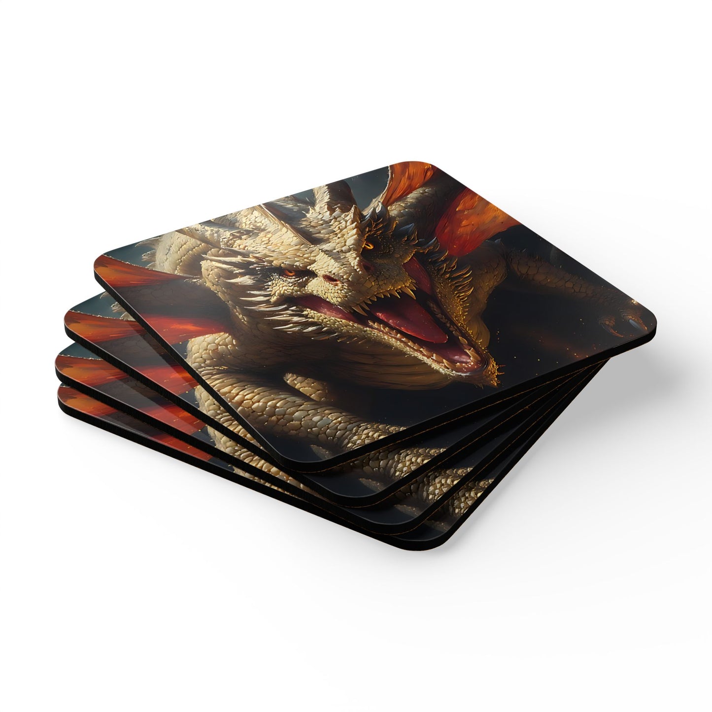 Dragon Fury Cork Coaster Set — Fantasy Dragon Art Drink Coasters (4-Pack)