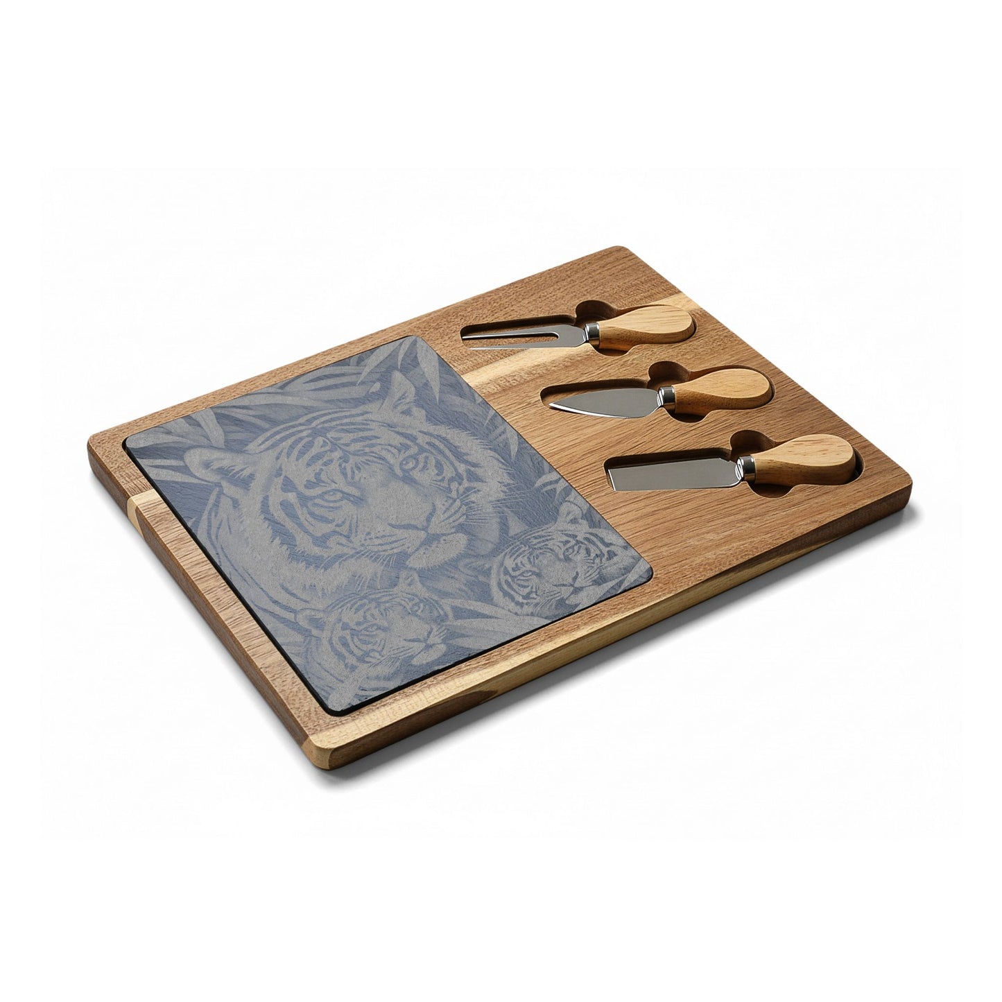 Engraved Tiger Charcuterie Board with Cheese Knife Set