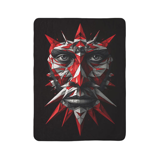 Abstract Geometric Face Sherpa Blanket — Red & Black Tribal Mask Art Throw