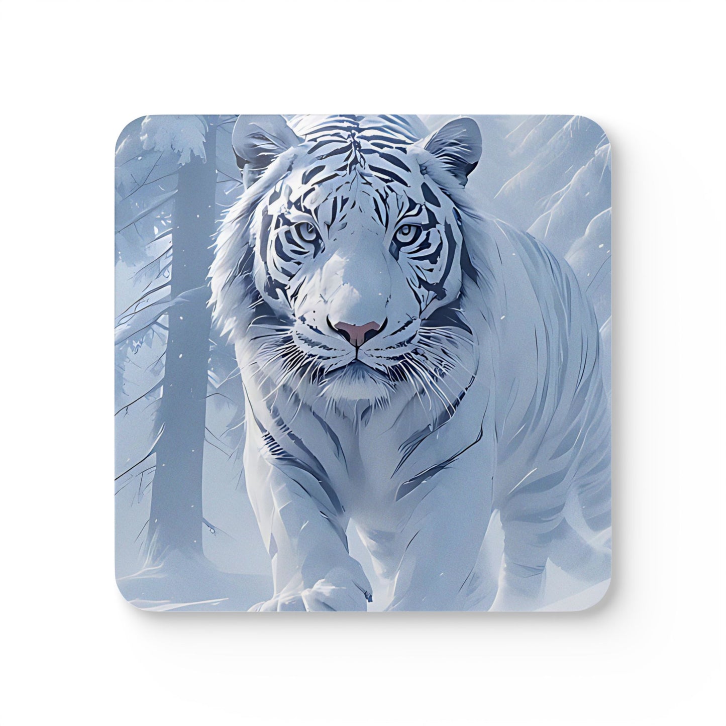 White Tiger Winter Cork Coaster Set — 4-Pack Decorative Drink Coasters
