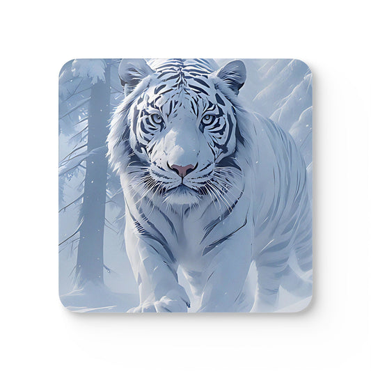 White Tiger Winter Cork Coaster Set — 4-Pack Decorative Drink Coasters