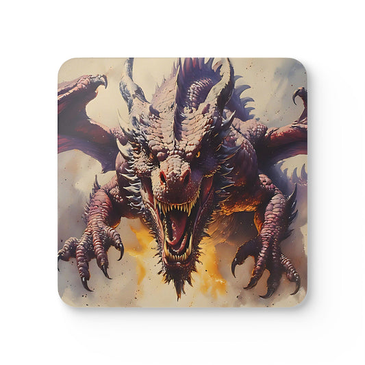 Dragon Attack Corkwood Coaster Set — Fantasy Fire-Breathing Dragon Drink Coasters