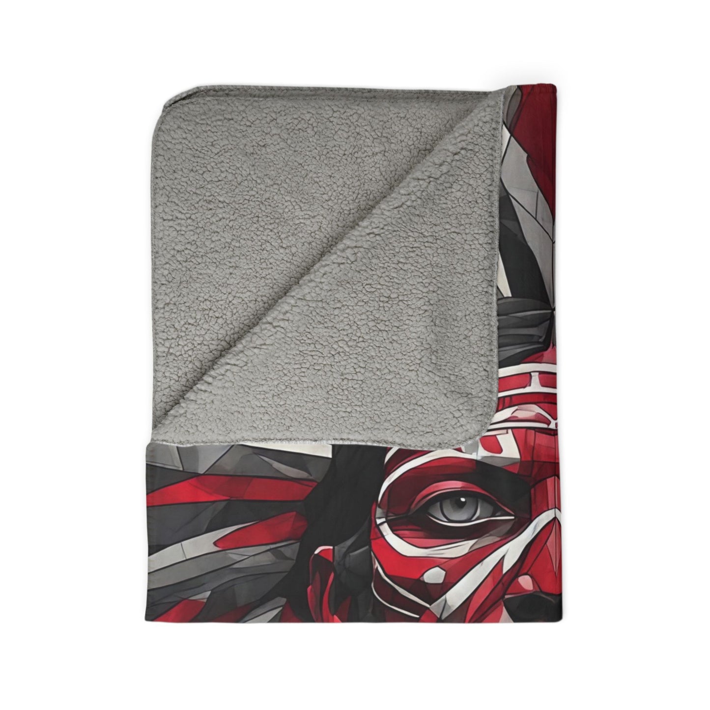 Tribal Headdress Fleece Sherpa Blanket — Bold Red & Gray Geometric Native-Inspired Design