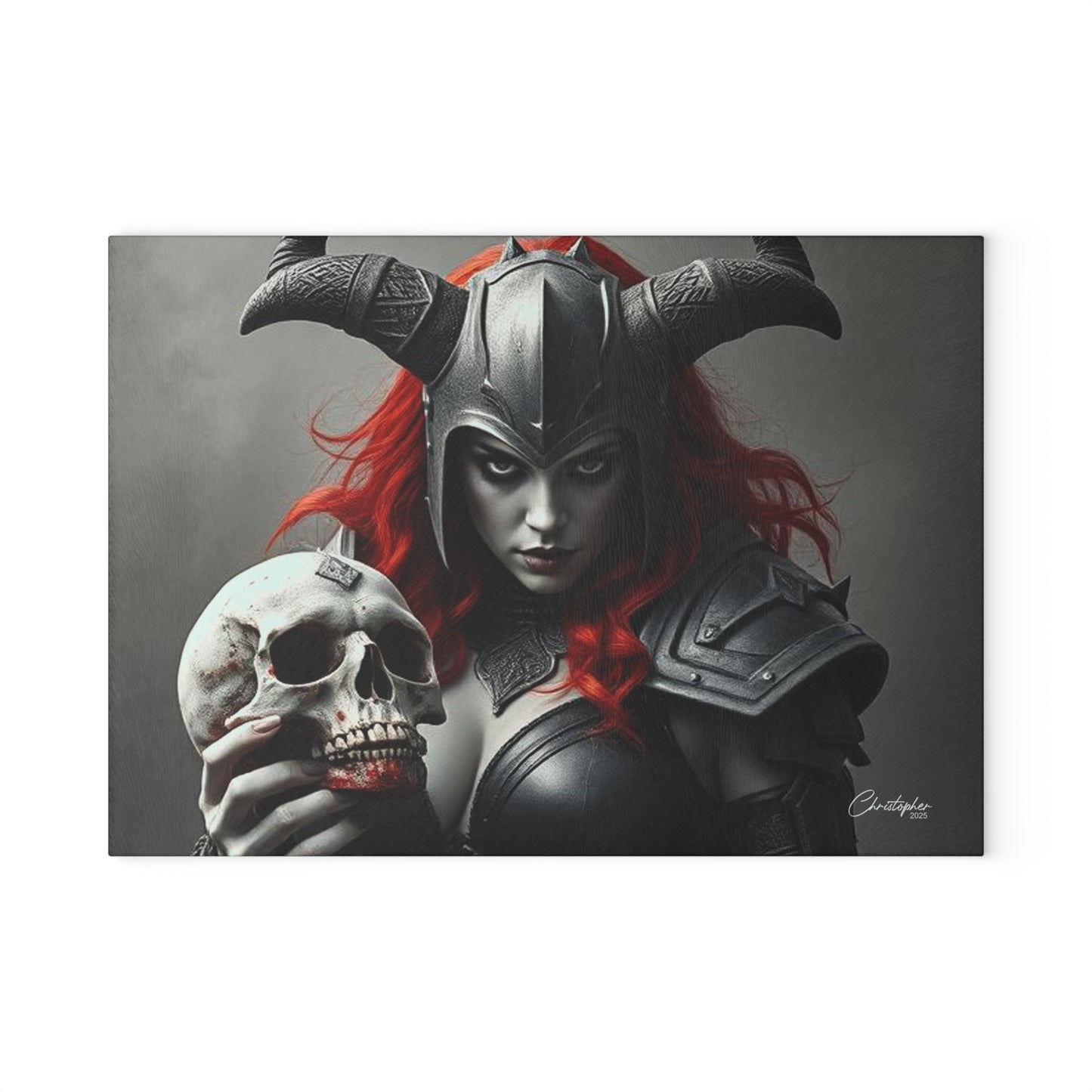 Gothic Glass Cutting Board - Dark Fantasy Design with Skull and Warrior