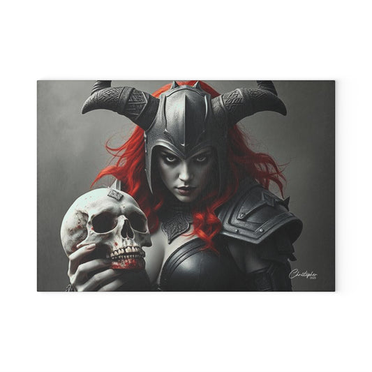 Gothic Glass Cutting Board - Dark Fantasy Design with Skull and Warrior