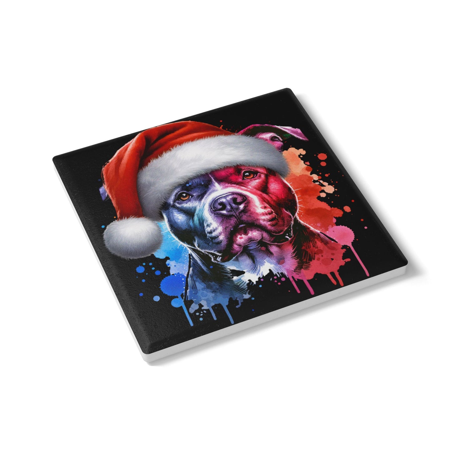 Holiday Pit Bull Ceramic Coaster — Colorful Santa Dog Drink Mat
