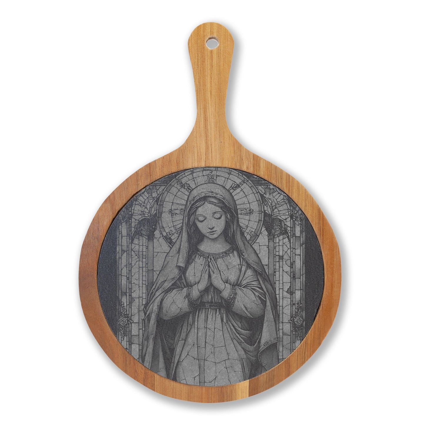 Engraved Virgin Mary Charcuterie Board with Marble Inlay — Religious Cheese Serving Set