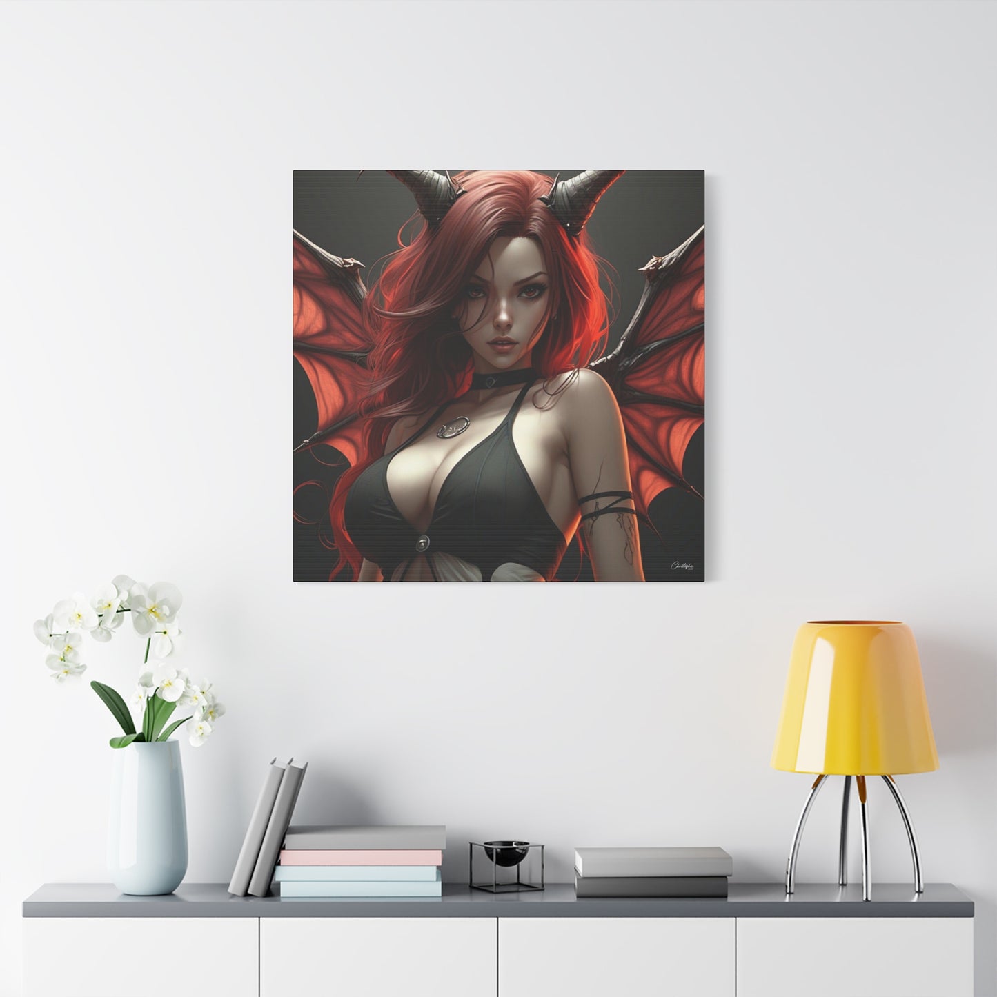 Gothic Fantasy Canvas Art, Demon Girl Wall Decor, Unique Home Decor, Gift for Her, Halloween or Birthday Gift