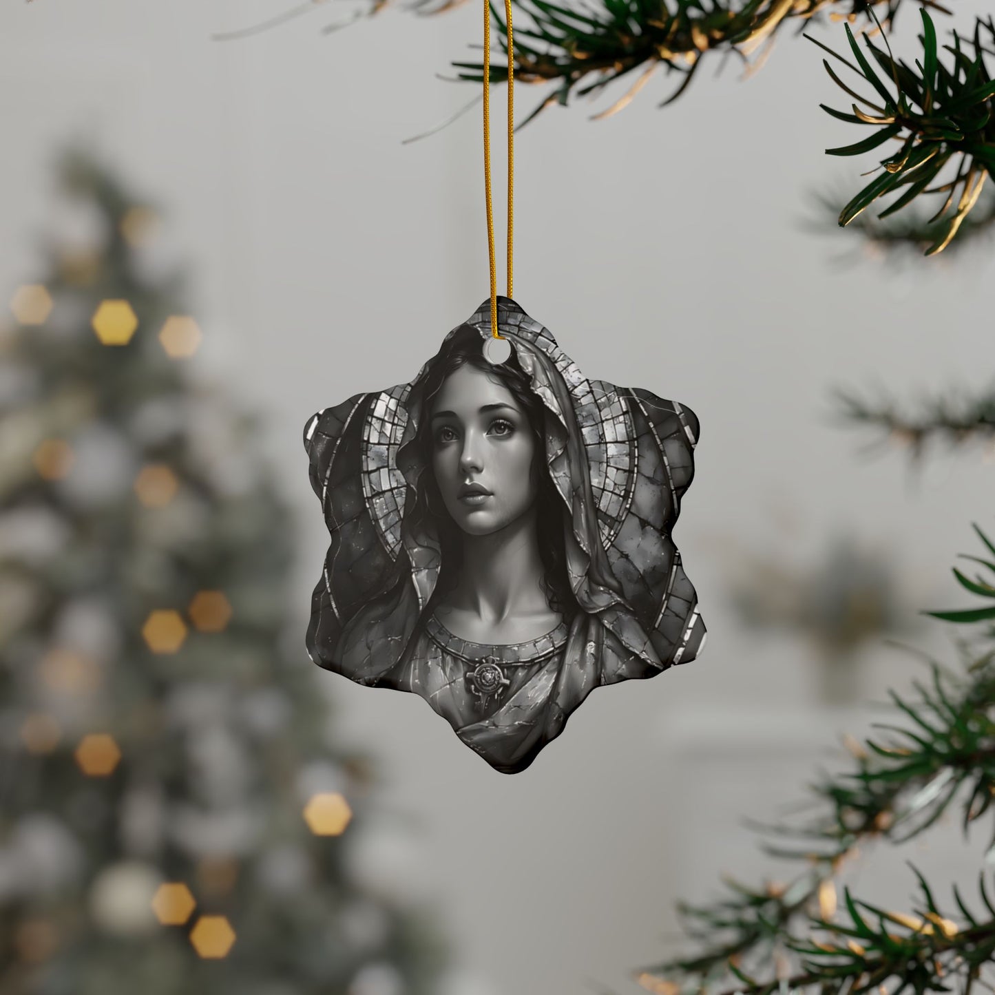 Virgin Mary Ceramic Ornament — Two-Sided Religious Christmas Keepsake